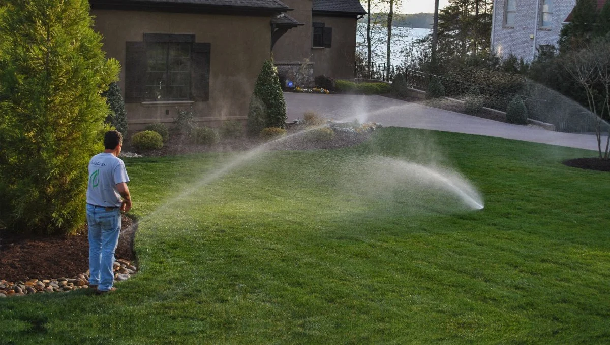 DalaCasa Landscape Management employee checking irrigation system at a home in Rock Hill, NC.