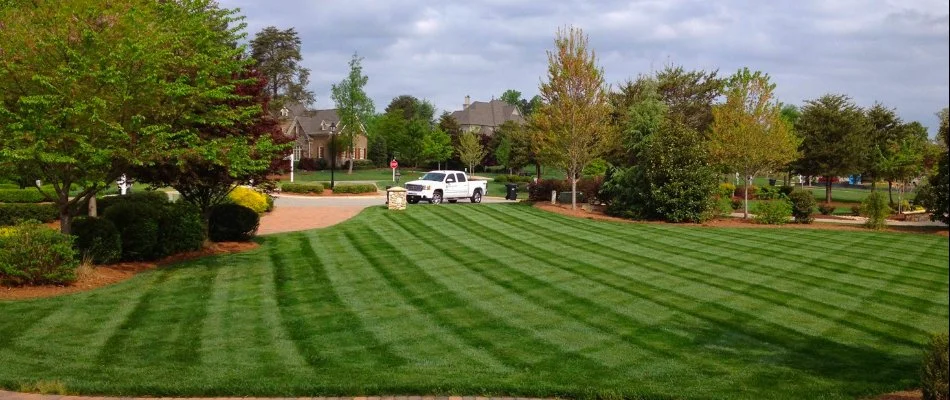 Cornelius, NC home with a freshly mowed lawn with stripes.