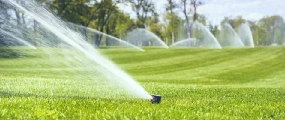 Several sprinkler heads watering a green lawn in Fort Mill, SC.