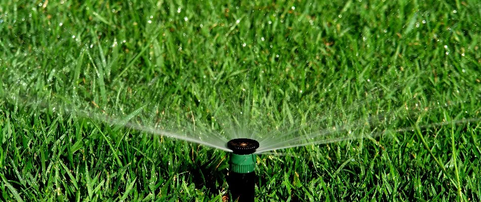 Sprinkler head on green grass in Baxter Village, SC.